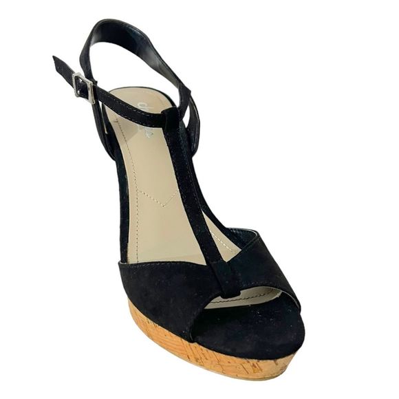 Charles David Black Canvas 7 Wedge Heel Cork Ankle T-Strap Platform Sandals - Picture 3 of 7